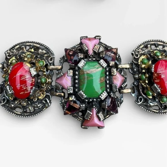 SELRO SELINI Vintage Multicolor Glass Cabochon Panel Bracelet and Earrings Set. - Picture 6 of 16